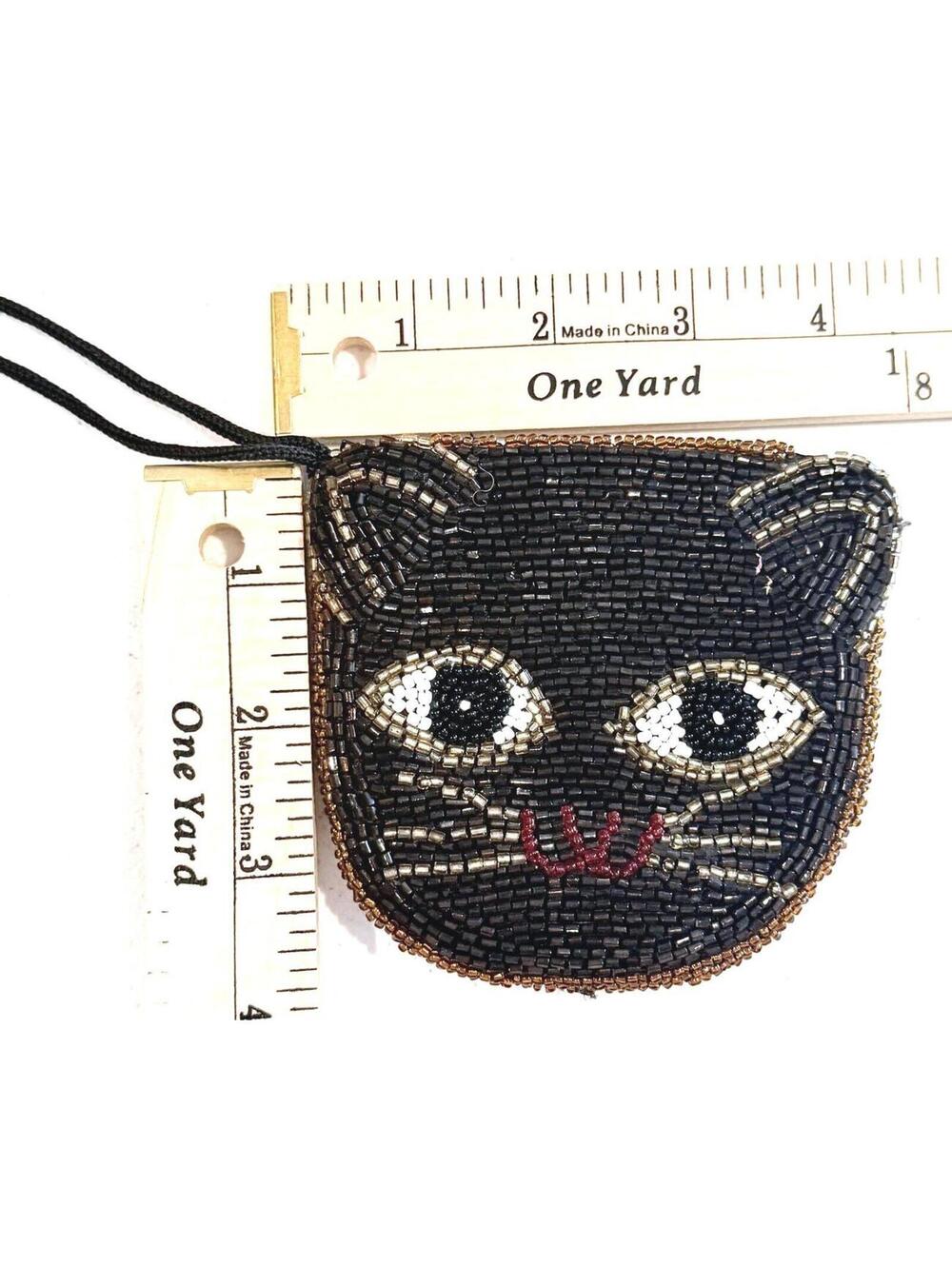 Cute Beaded Black Kitty Cat Face Coin Purse Wristlet